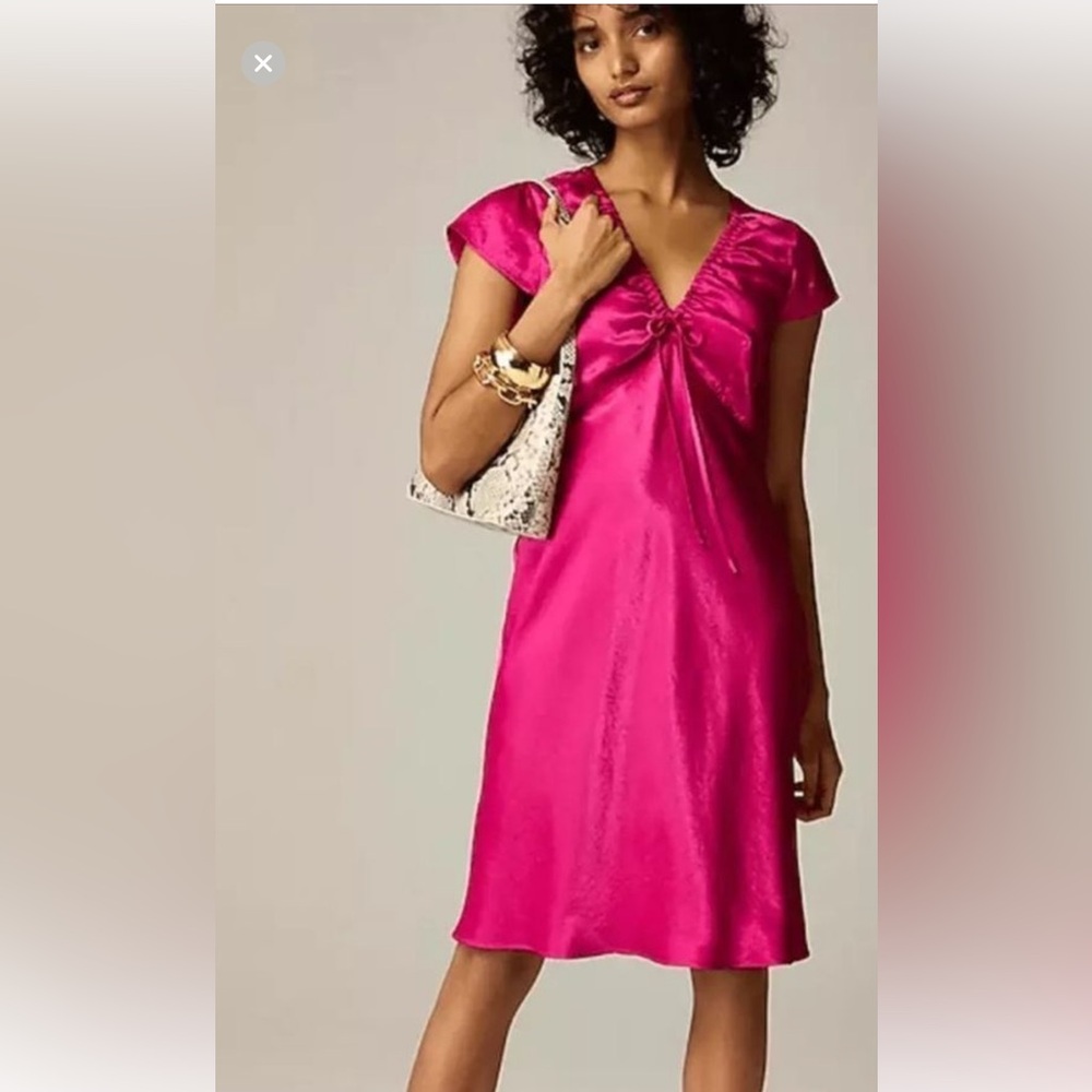 J. Crew Short-sleeve slip dress in textured satin Fuchsia